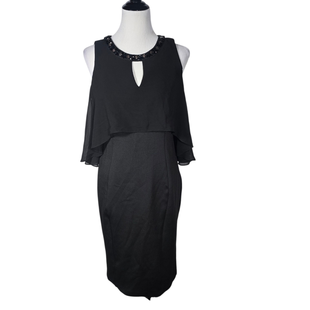 SLNY Size 10 Black Beaded Layered Cape Sleeveless Cold Shoulder Midi Dress NWT